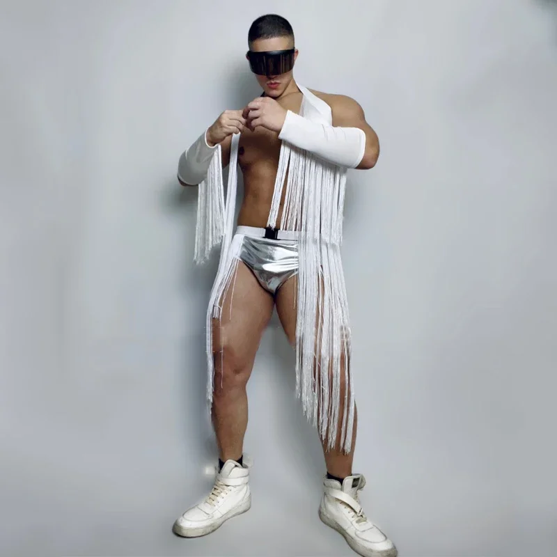 Men Sexy Pole Dance Clothing Gogo Costume White Long Fringes Vest Laser Shorts Nightclub Bar Dj Ds Stage Rave Outfit XS5445