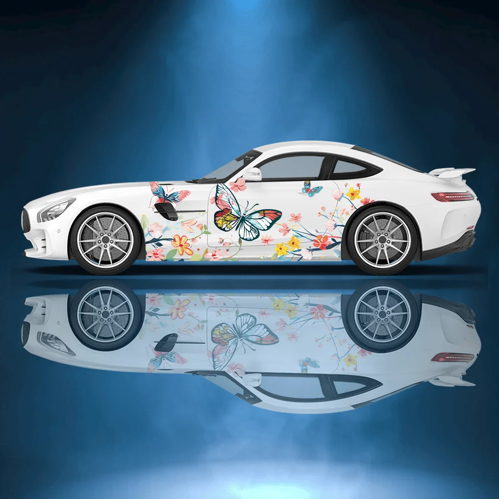 

Красочные красивые бабочки танцуют среди цветов и ветвей; наклейки для автомобиля, которые легко приклеить; цветочное украшение для всего автомобиля.