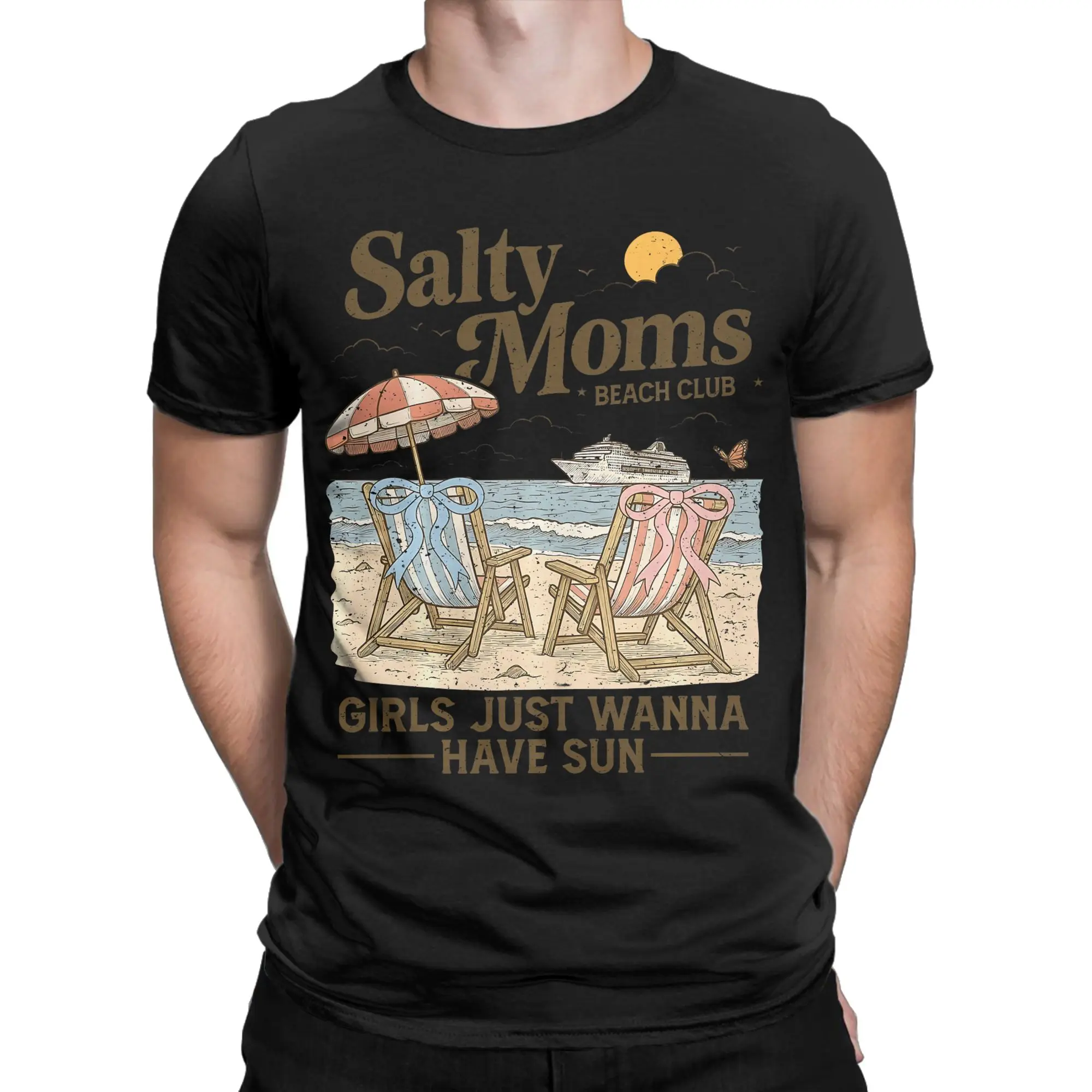 Salty Moms Beach Club Summer Vacation Holiday Beach T Shirt for Men Pure Cotton Vintage T-Shirt Tee Shirt Short Sleeve Tops