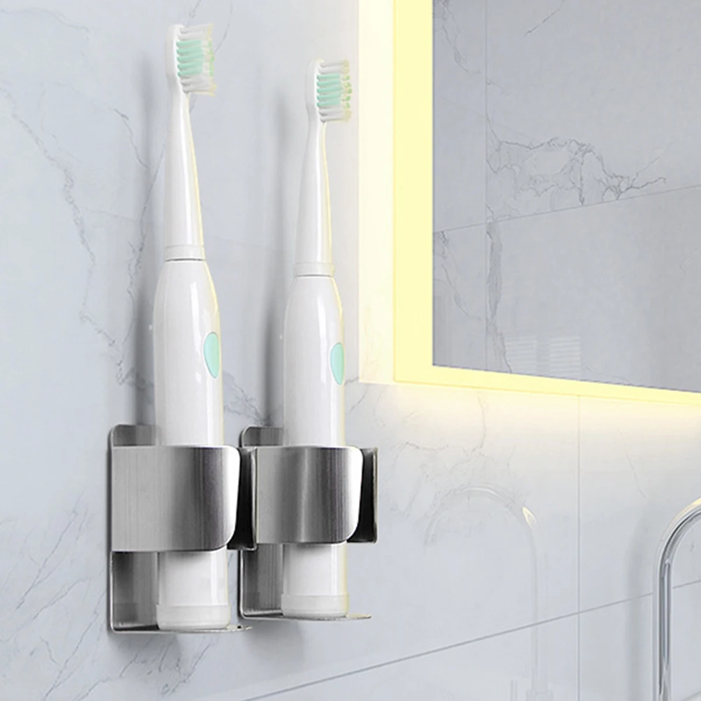 

2pcs Electric Toothbrush Stand Stainless Steel Storage Rack Silver Wall Mount Punch Free Bathroom Accessory Shelf Holder