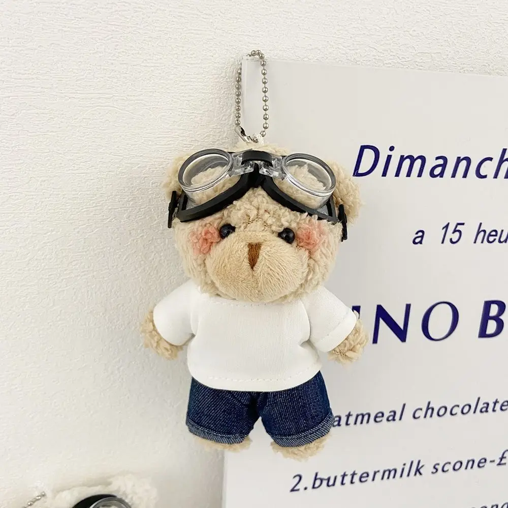 Lovely With Glasses Pilot Bear Keychain White T-shirt Jeans Plush Doll Keychain Stuffed Cute Bear Doll Bag Pendant Car Keyring