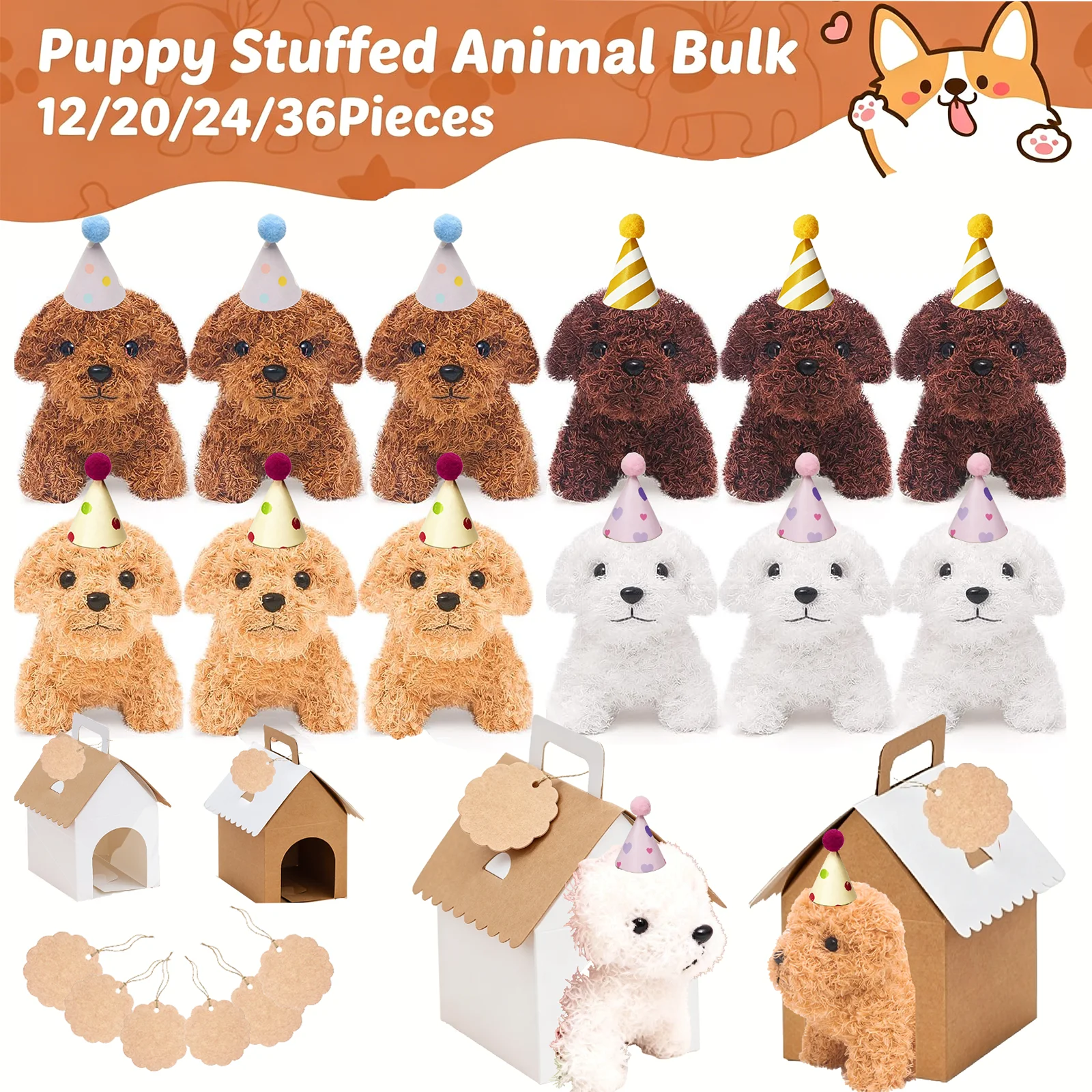 

12-36 Pcs 4.7Inch Puppy Stuffed Animals Bulk with Hat Card Paper Boxes for Kids Adopt A Puppy Party Stuffed dogs Birthday Gift