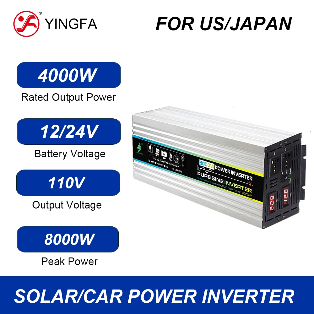 YINGFA For US Japan Pure Sine Wave Power Inverter 4000W DC 12V / 24V to AC 110V Peak 8000W Inversor & Converter