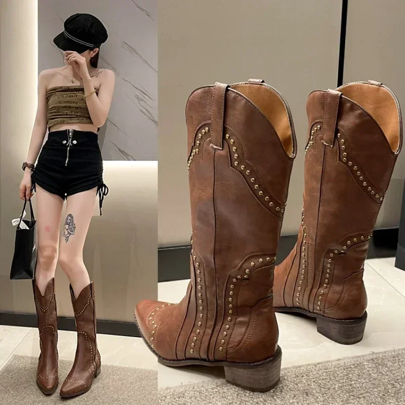 Retro Rivet Mid Calf Cowboy Boots for Women 2024 Autumn Chunky Heels Western Boots Woman Slip on Pointed Toe Cowgirl Boras