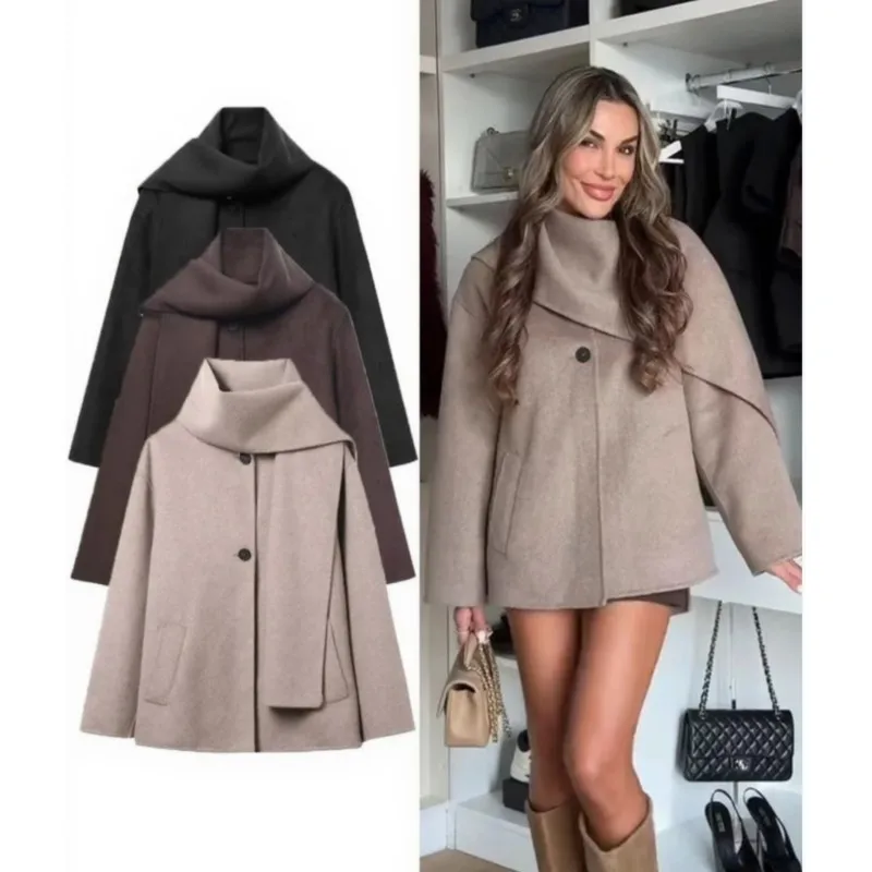 

Повседневное шерстяное пальто, куртка, женский шарф с воротником, свободные однобортные модные женские топы с длинными рукавами и карманами