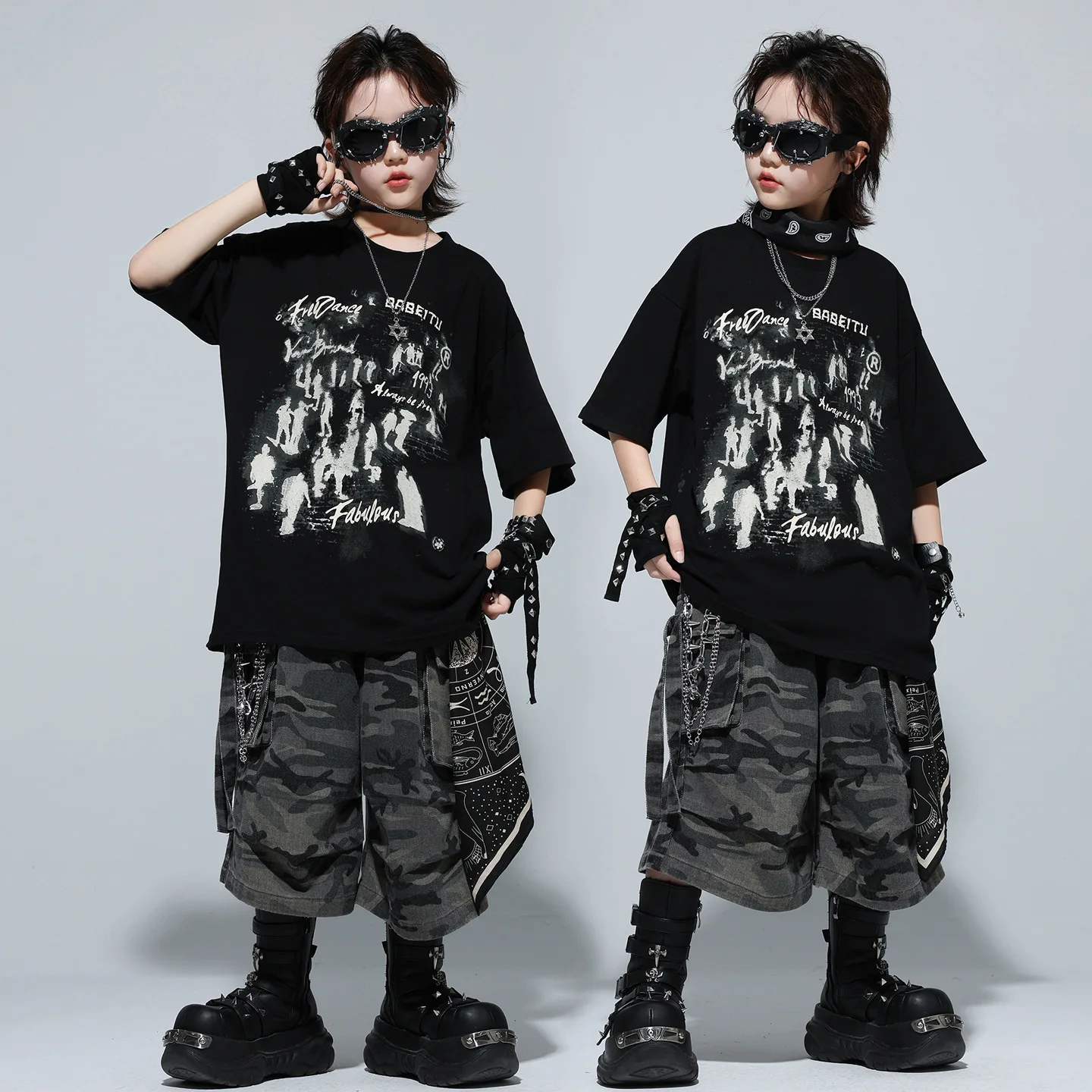 

Kid Kpop Hip Hop Clothing Black Graffiti T Shirt Camo Casual Strap Cargo Shorts Middle Pants for Girl Boy Dance Costume Clothes