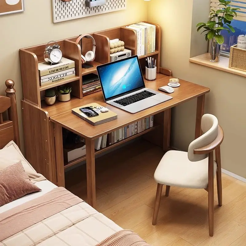 Folding desk with bookshelf integrated retractable study table bedroom small apartment computer desk