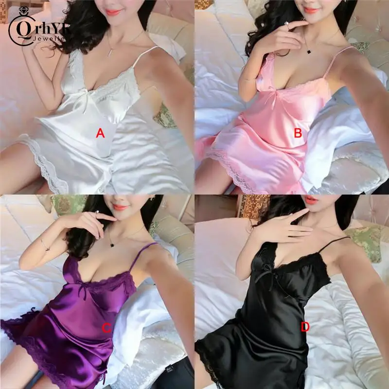 V-neck New Ladies Silk Sling Nightdress Women Sexy Lingerie Satin Sleepwear Lace Cup Nightwear Homewear