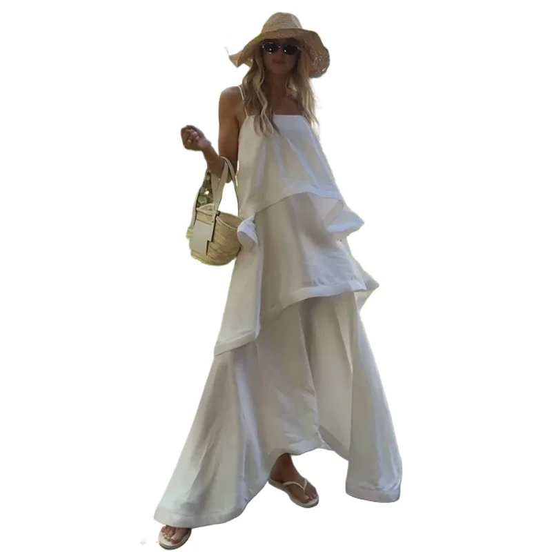 

New Female Casual A-line Pleated Dress Women's Loose Sation Elegant Sleeveless Ruffled Long Dress White Suspender Cake Dress