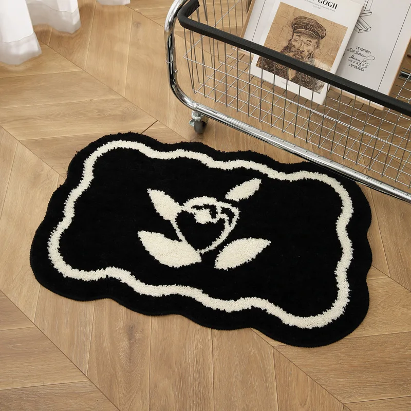 Black & White Style Water Absorbent Bath Mat  Household Thickened Plush Non‑slip Bathroom Rug  Flocked Carpet