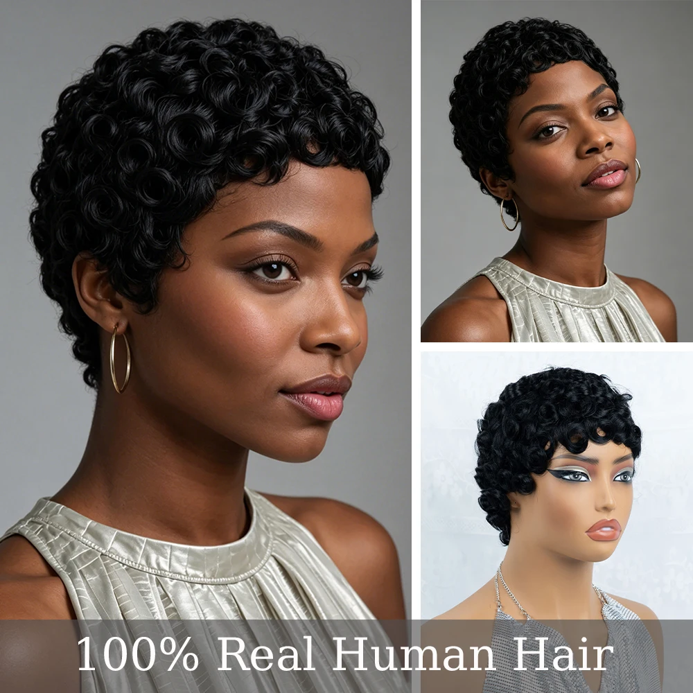 Natural Black Short Bouncy Curly Human Hair Wig with Bangs, Brazilian Virgin Remy Hair Vintage Finger Wave Pixie Cut Wig,Full Machine Made,Easy to Style for Daily/Events