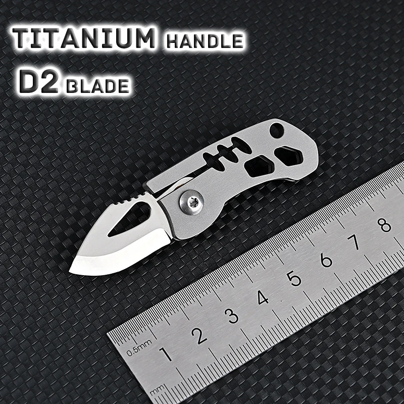 High Hardness D2 Blade Titanium Alloy Folding Knife MINI Key Pendant EDC Express Sharp Fruit Pocket Knives Outdoor Tool Gift