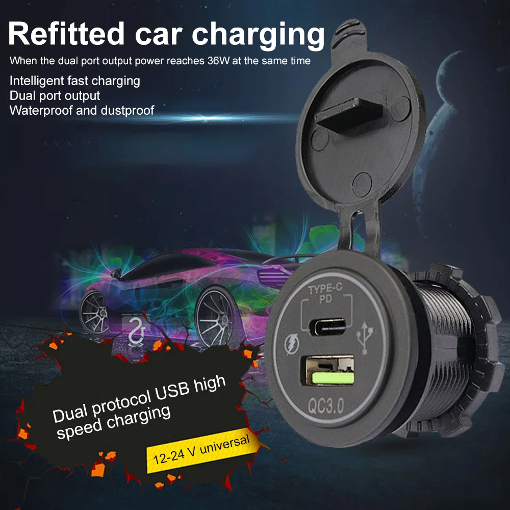 48W12-24V USB Outlet Fast Charging Port 30W PD USB C & QC3.0 USB Ports Charger Socket for Car Marine Motorcycle Campers RV Truck