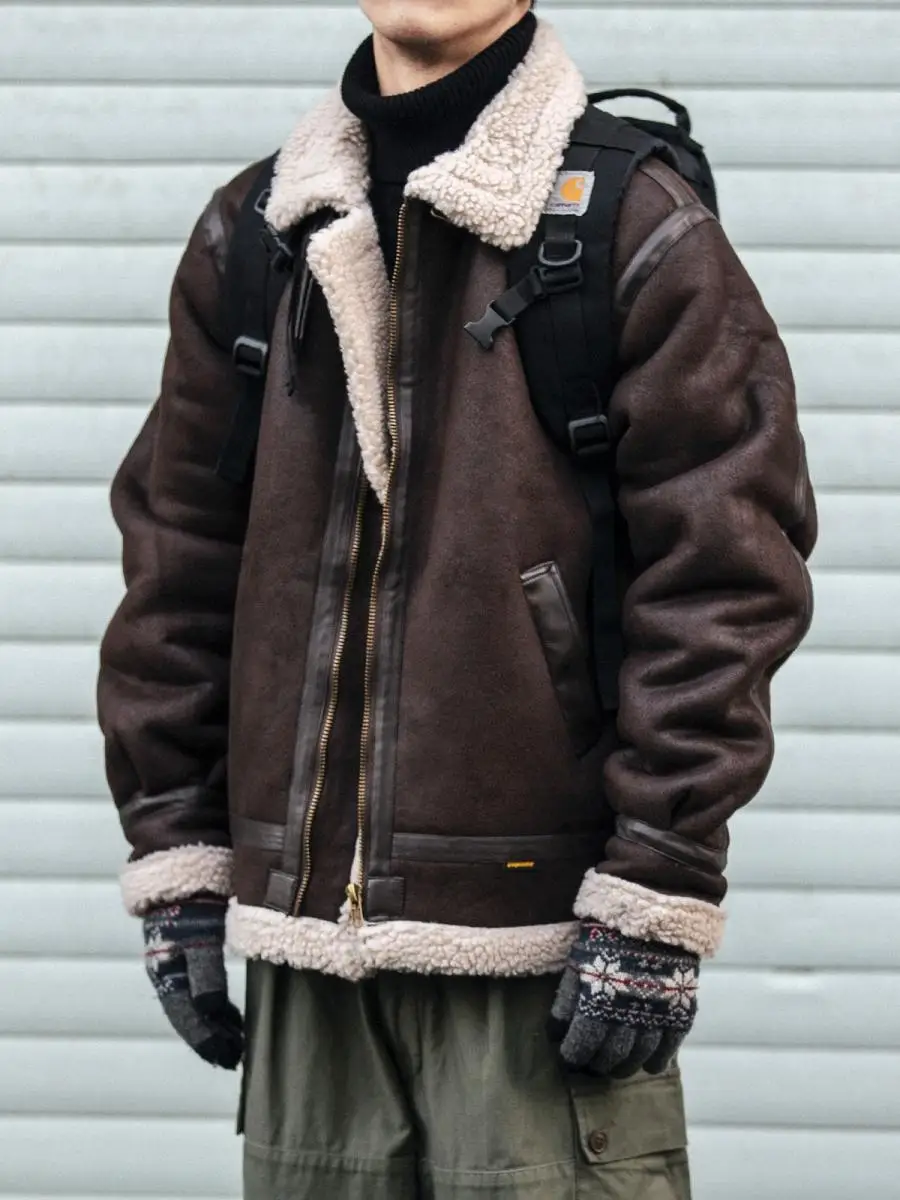 

Мужская теплая байкерская куртка из хлопка и шерсти с интегрированным мехом ягненка, утепленная, с длинными рукавами, повседневная, на молнии, однотонная