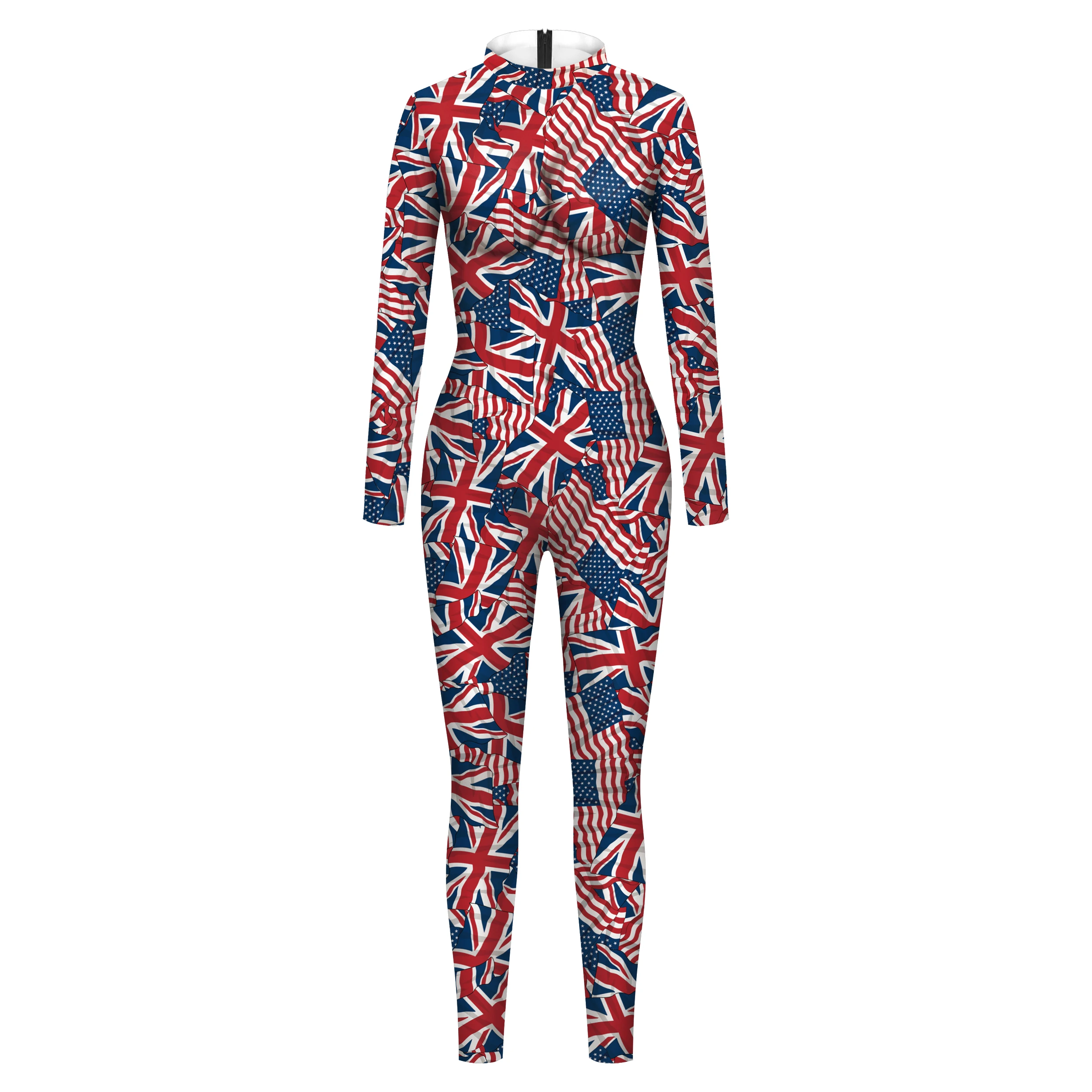 Mardi Gras Print Bodysuit Women's Cosplay Costume Sexy Flag Patriotic Long Sleeve Jumpsuits Back Zipper Party Outfit Clothing