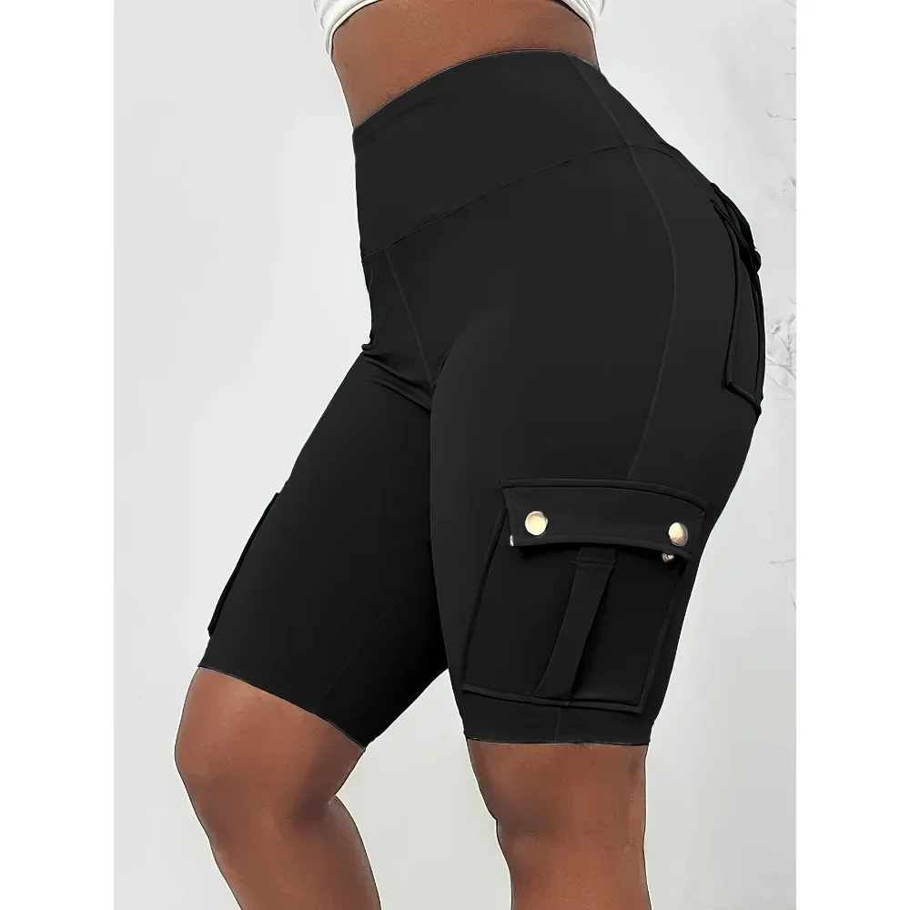 

Большие размеры 1XL-5XL, женские модные однотонные шорты высокого качества с карманами, спортивные брюки, женские повседневные леггинсы-карго