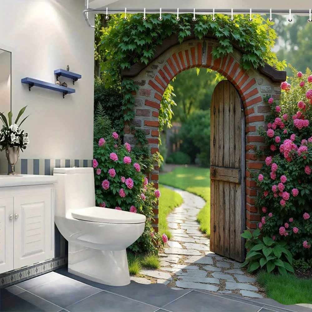 Realistic Garden Archway Shower Curtain Bathroom Decor Waterproof Shower Curtain for Lush Outdoor Bathroom Scene