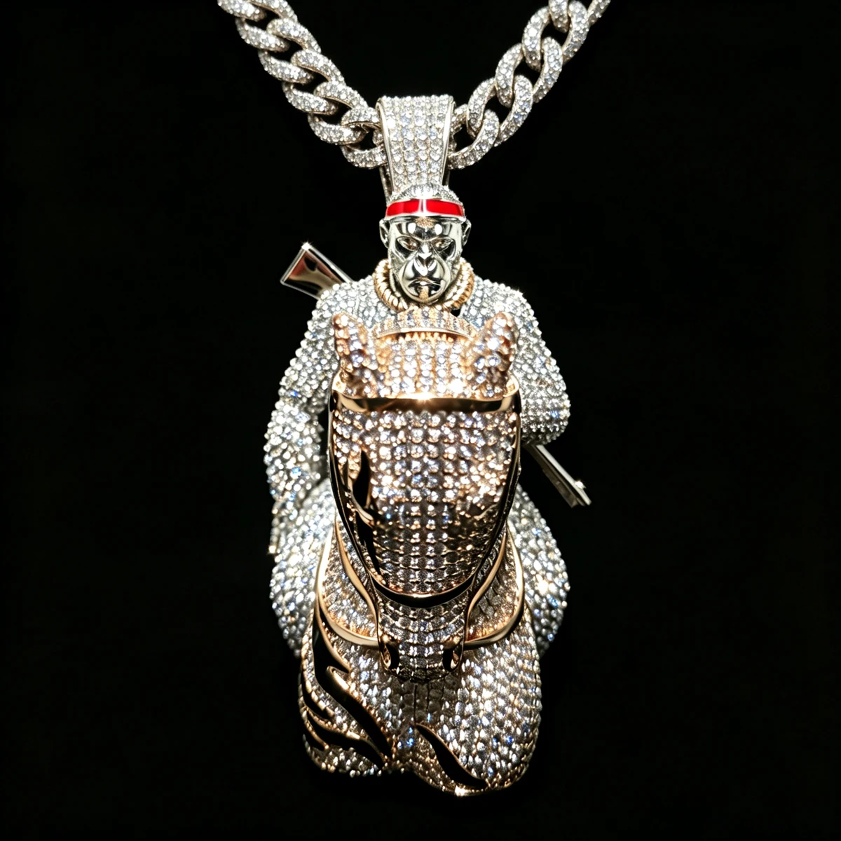 18K Gold Plated 3D Iced Out Gorilla Riding Horse Pendant For Male Bling Street Jewelry Sparkling Zircon Trendy Rap Accessory Fine Jewelry Gifts for Men Boy Friends Hip Hop Fans Party Stage Performance Micro Pave Cubic Zirconia Hip Hop Charm Necklace