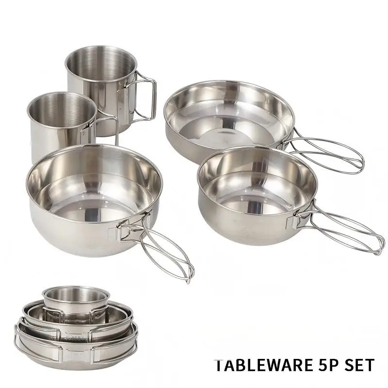 

304 Stainless Steel Camping Cookware Set 5 PCS, Ultralight Portable Mess Kit for Backpacking Hiking & Picnic