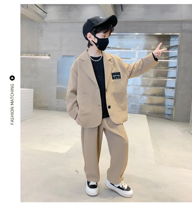 Anzug für Jungen, Blazer + Hose, zweiteilig, schwarz, khaki, Frühling, Herbst, koreanische Kinderkleidung, lässig, formell, weich, für 5 bis 14 Jahre – Detail 5