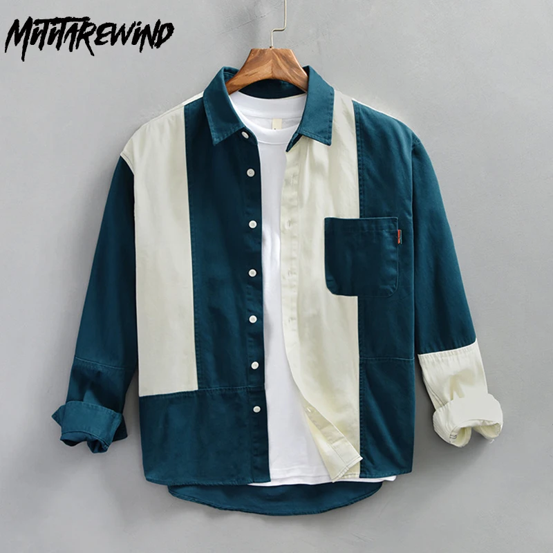 

Korean Style Clothes New Cargo Shirt Men Streetwear Loose Long Sleeve Top Pure Cotton Patchwork Contrast Color Shirts Casual