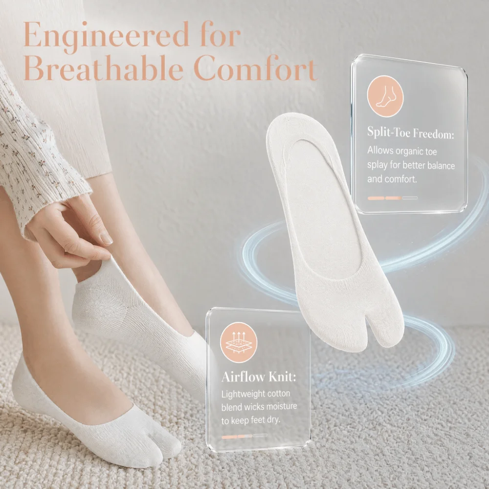 1 Pair Cotton Blend Two Toe Socks Breathable Low Cut Split Toe Liners Seamless Toe Non Slip Heel No Show Socks Flat Shoes