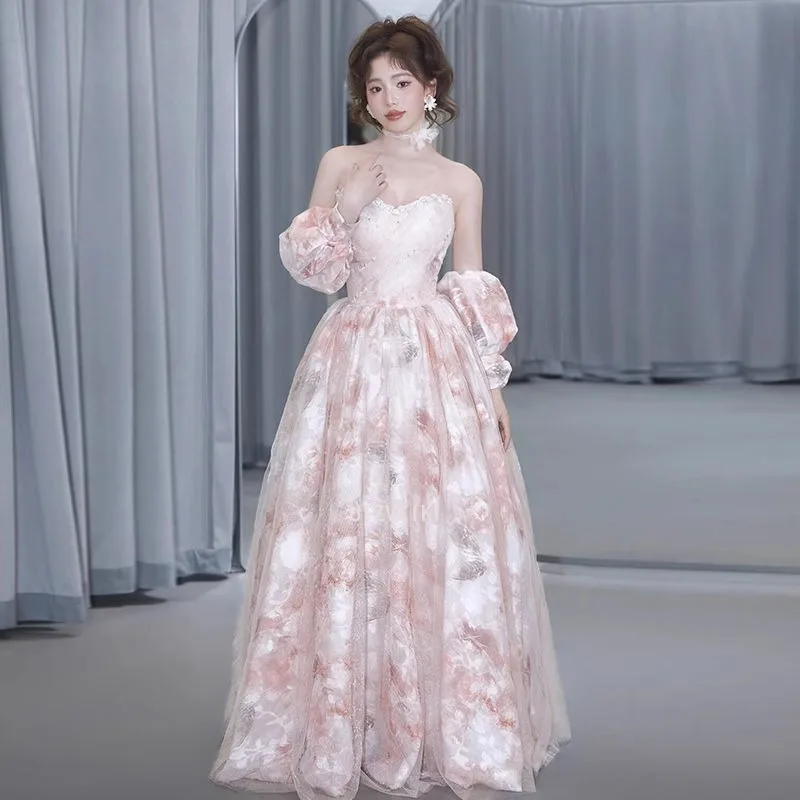 

Пышное платье трапециевидной формы из органзы с цветочным принтом для выпускного вечера с открытыми плечами и рукавами-фонариками Вечерние платья с рюшами и лифом Вечернее платье для девочек 2025