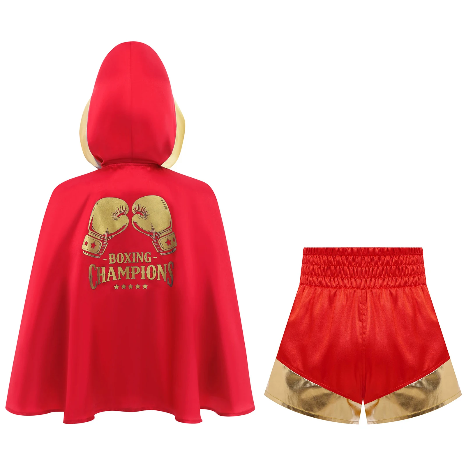 Bambini Muay Thai Outfit Ragazzi Ragazze Boxe Allenamento Arti marziali Tuta da combattimento Aperto sul davanti Finiture metalliche sul retro Mantello con cappuccio + Pantaloncini in raso