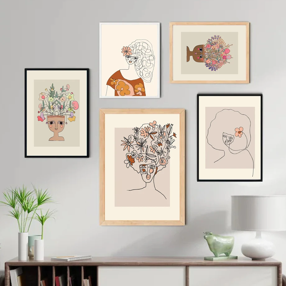 

Posters And Prints Wall Pictures Abstract Boho Line Girl Flower Wall Art Canvas Painting Nordic Aesthetic For Living Room Decor