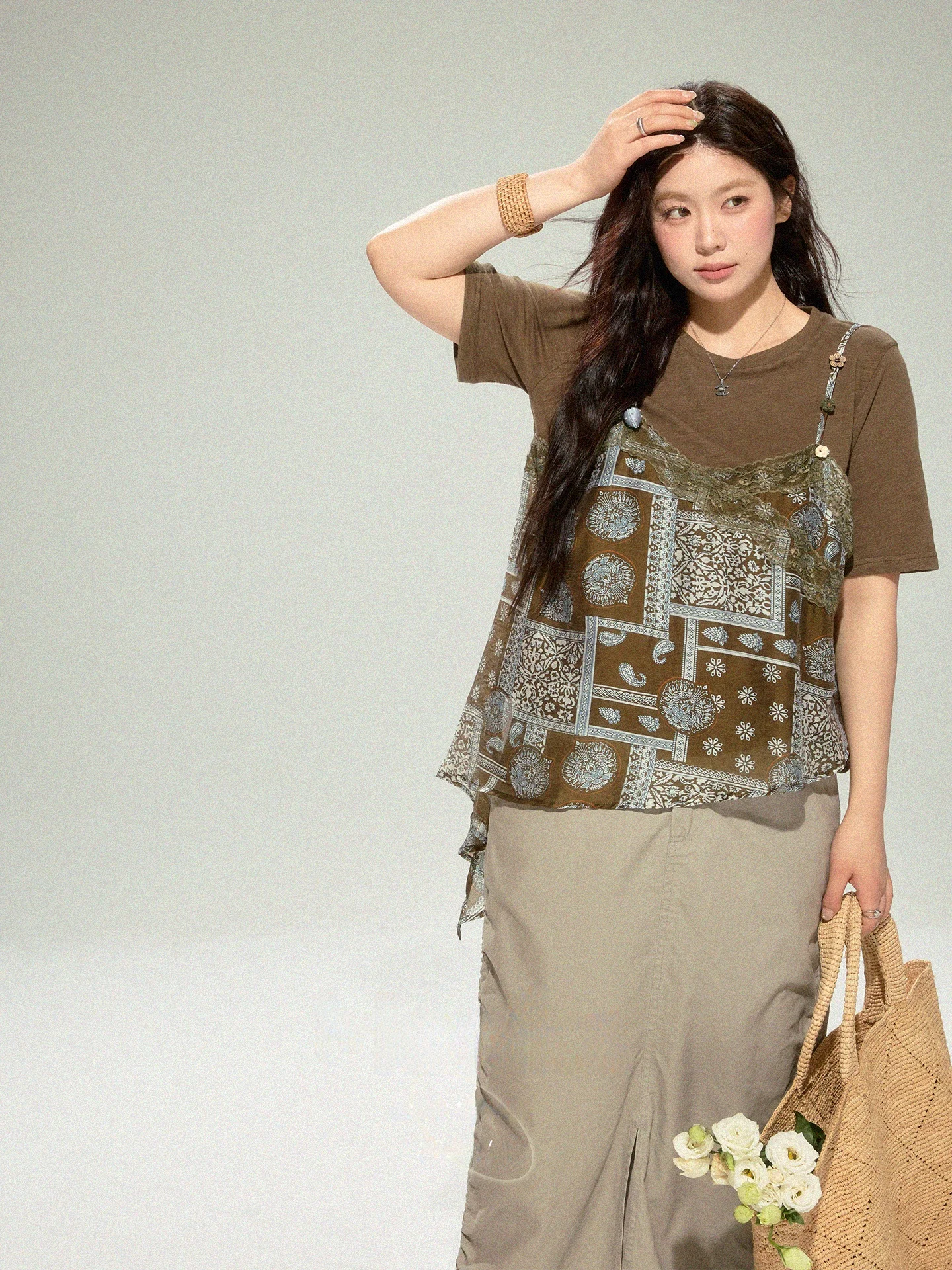 plus Size Women's Summer T-Shirt Unique Print Short Sleeve Slimming Top Casual Style Loose Fit round Neck Mid-Length