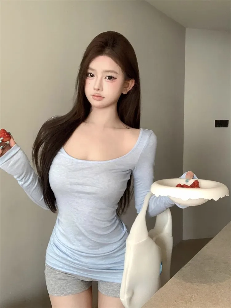 Blue Thin Long Sleeve Women's T-shirt U-Neck Tight Fit Spring Casual Sun Protection Top Sweet And Spicy Girl Base Layer Shirt
