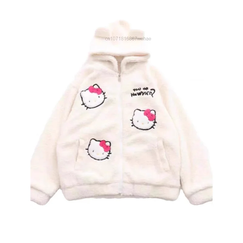 Sanrio Hello Kitty ricamato simpatico cartone animato cappotto con cappuccio giacca di velluto di agnello da donna cappotto di cotone sciolto