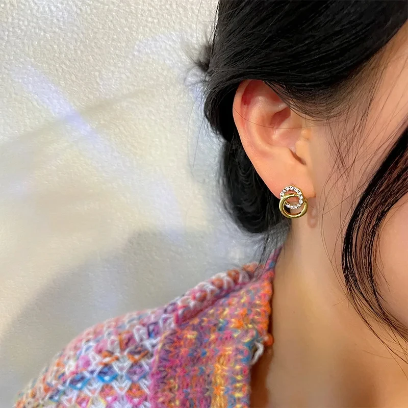 FTCY الذهب اللون دائرة مزدوجة وأقراط للنساء الكورية رائعة بسيطة المعادن كريستال القرط الفاخرة هدايا مجوهرات الحفلات #5