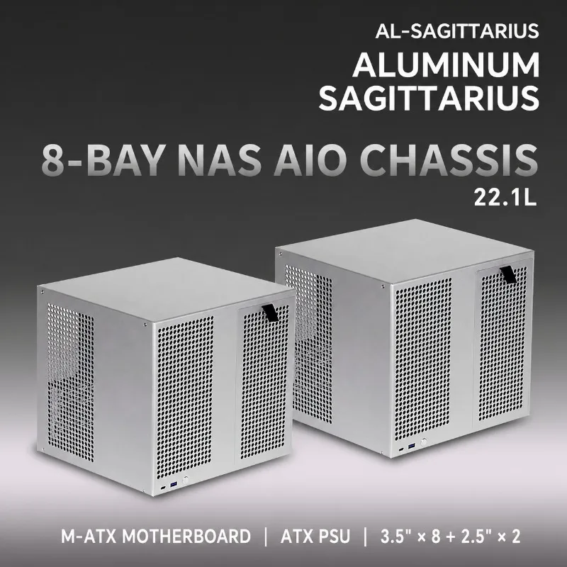 8-Bay NAS Chassis Aluminum Sagittarius – MATX/ITX Support, 4x PCIe Slots, ATX PSU, 8x 3.5