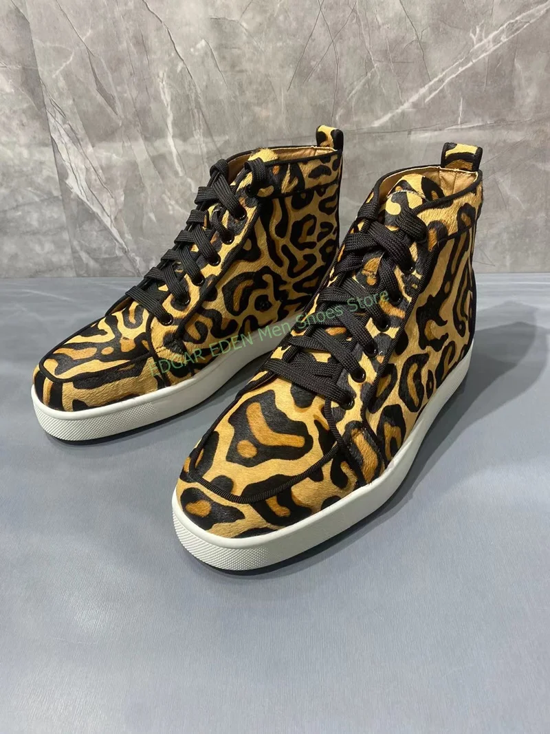 Men Woman Fashion Yellow Brown Leopard Print High Top Boots Comfortable Flat Heel Round Toe Lace Up Male Ankle Boots Shoes