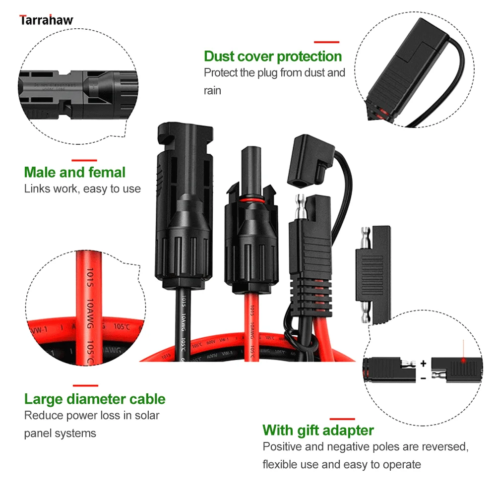 Solar Plug to Sae Plug 30A Photovoltaic Connector 10AWG Sae to Solar Connection Cable Energy Storage Battery Waterproof Plug