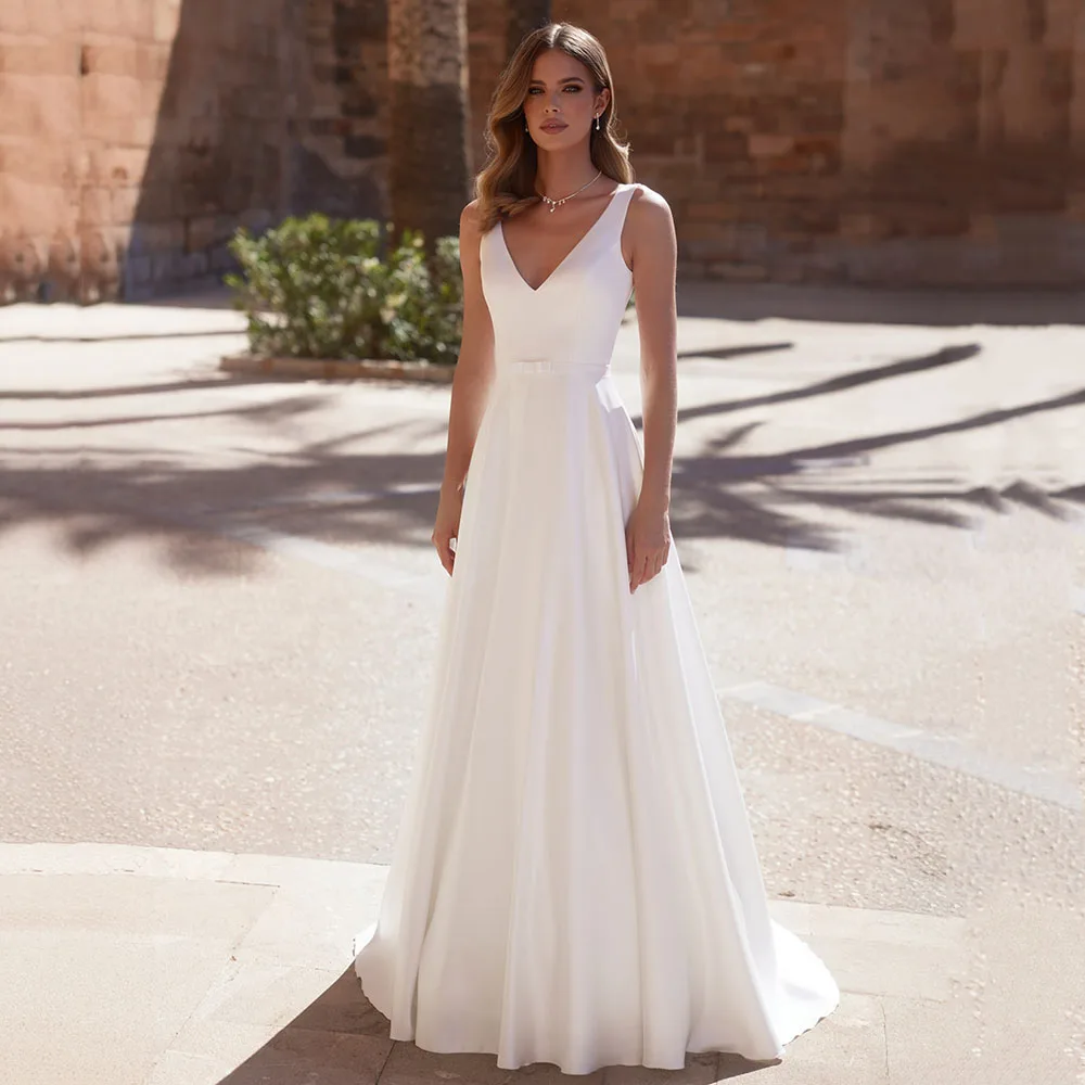 

Customized Simple Civil Wedding Dress 2025 Vintage V Neck Backless Belt Bridal Gown Sleeveless A Line Formal Bridal Dress