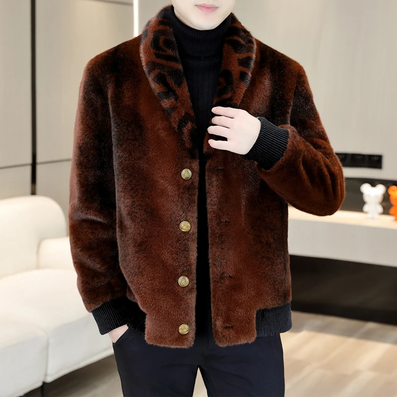 

High Quality Luxury Big Fur Collar Mink Fur Black Coats For Mens Plush Fluffy Jackets Winter Warm Faux Fur Jackets 2023 Caramel