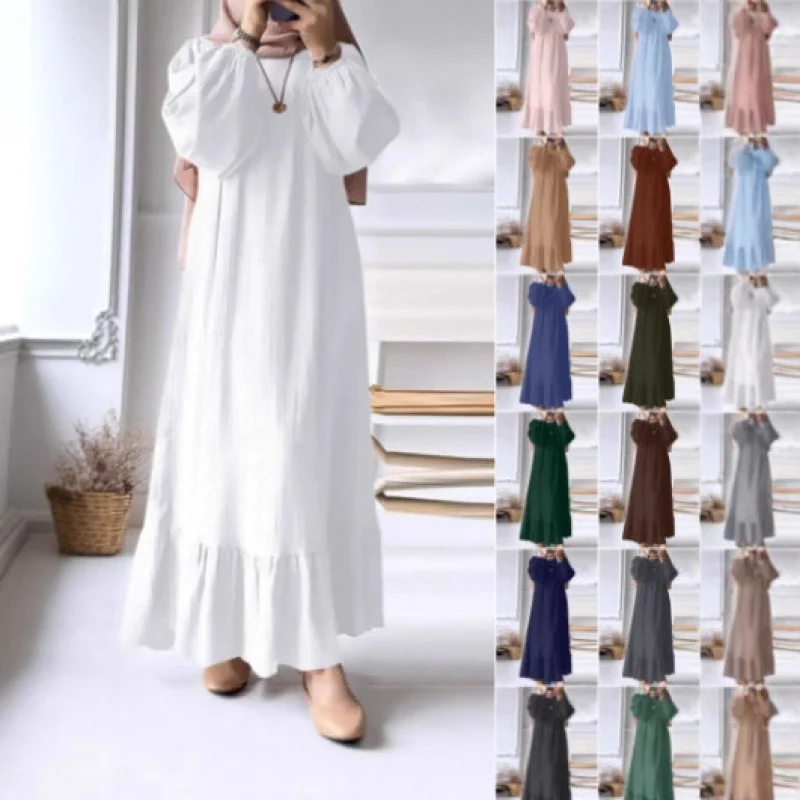 

2025Muslim Women's Round Neck Long Dress Commuting Style Breathable Solid Color Ruffle Puff Sleeve Dress with a Sense of Sophist