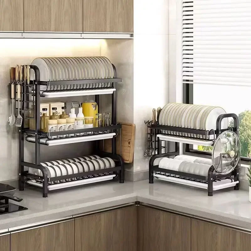 Keep Countertops Clear, 2/3-Tier Stainless Steel Dish Drainer with Utensil Caddy, Compact Rustproof Drying Rack for Kitchen Sink