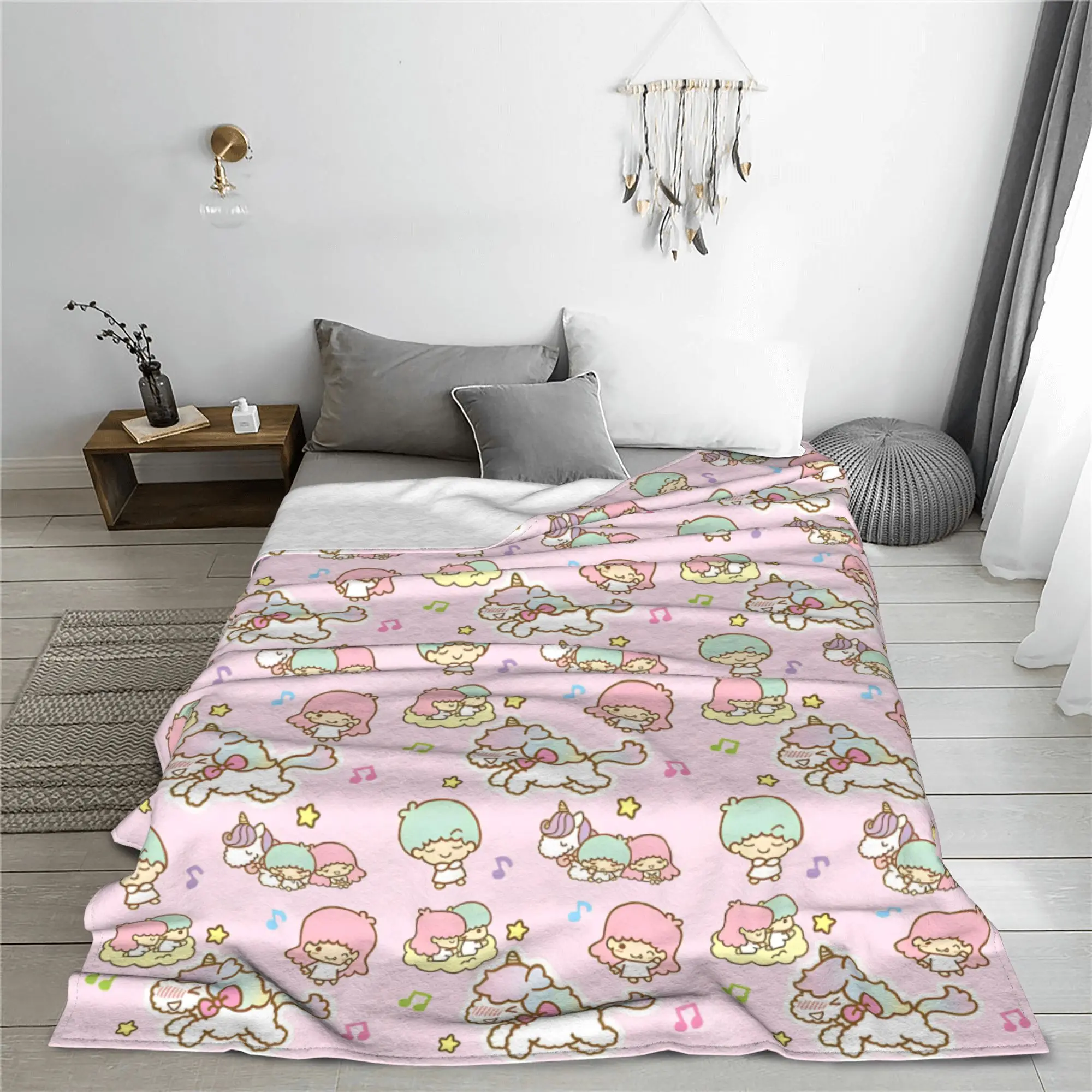 Little Twin Stars Unicorn Coral Fleece Plush Throw Blankets Cartoon Kiki Lala Blankets for Sofa Bedroom Soft Rug Piece Portable