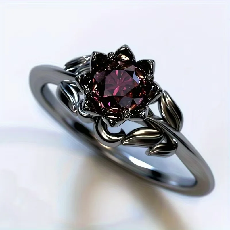 Charm Black Color Flower Round Rings for Women Red Stone Rings Jewelry Party Gift