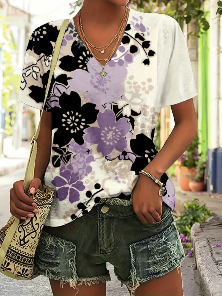 

Women's V-Neck Summer Tee Casual Floral Print Short Sleeve T-Shirt All-Match Top for Daily Beach & Travel Female Clothings