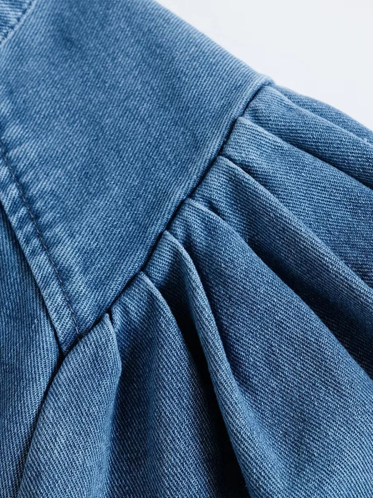 Neue Damenmode im europäischen Stil, vielseitiges, einfaches Temperament, einfarbiges Denim-Revers-Puffärmelhemd