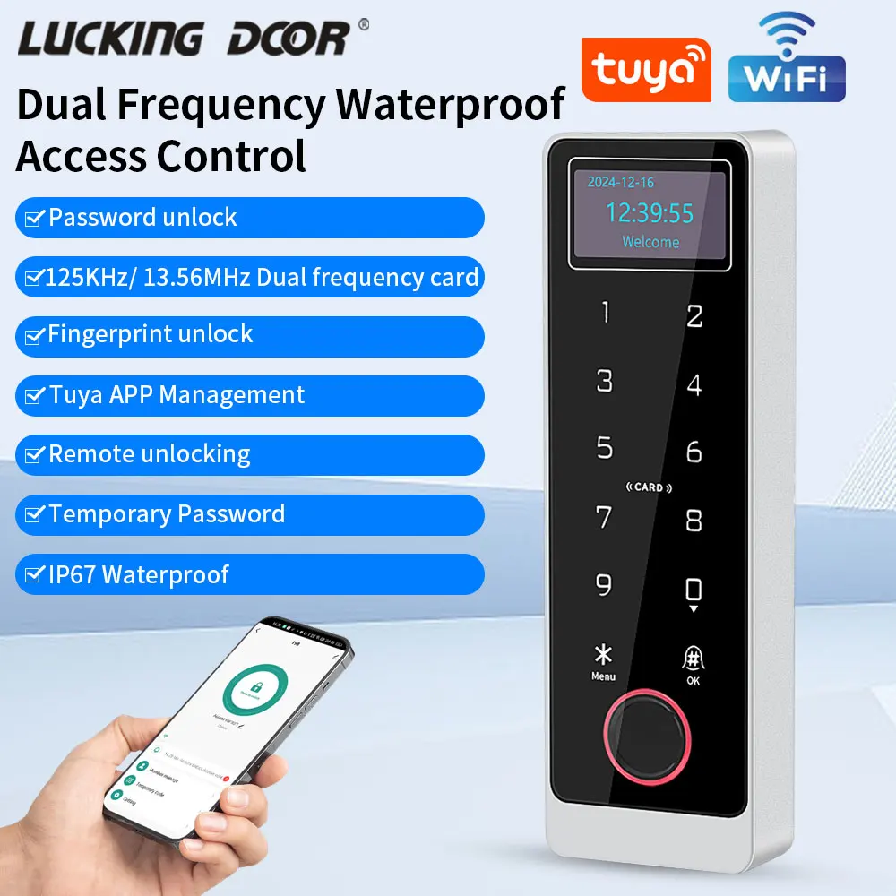 Tuya Access Control with LCD Wifi Mobile Phone APP Remote Door Lock Controller Opener Fingerprint IC Card NFC Unlock Waterproof