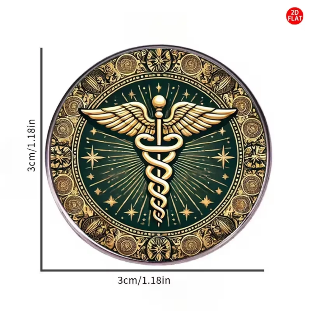 Double Snake Merchant God Staff Brooch Retro Mysterious Medical Symbol Stainless Steel Flat Badge Glass Texture Pin Accessory