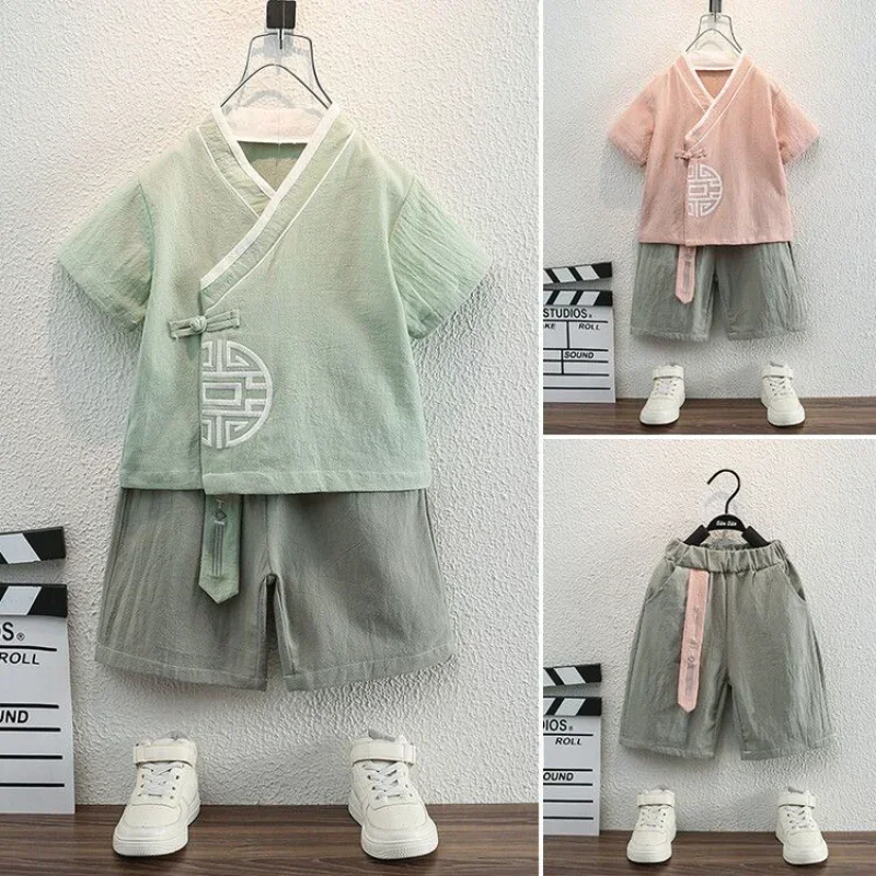 Chinese Style Boys Tang Suit Top Shorts Suit Summer Cotton Linen Thin Children's Hanfu Shaolin Uniform Chinese Shopping Online