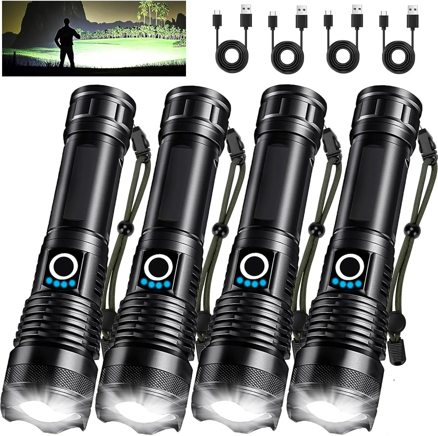 

4 Pack Rechargeable LED Flashlights, 90,000LM Super Bright, Adjustable Modes with USB Cable, Waterproof for Camping