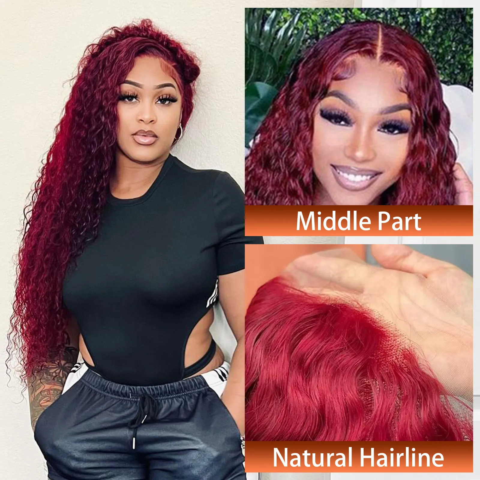 99J Burgundy Deep Wave Lace Front Wigs Human Hair Wigs For Black Women Wet and Wavy Red Colored Curly Human Hair Wig 26 30 Inch