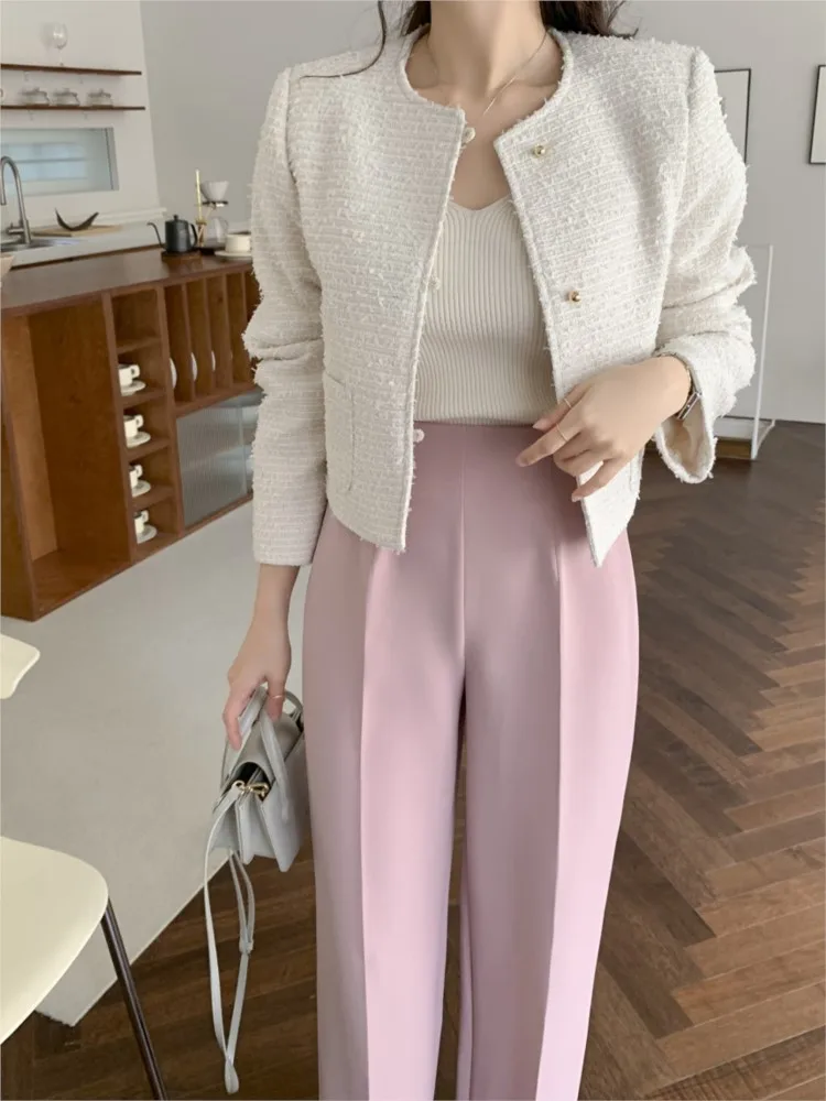 Spring Tweed Pink Coat Women Long Sleeve Casual Loose Fashion Ladies Cropped Jackets Korean Style Woman Coats Manteau Femme